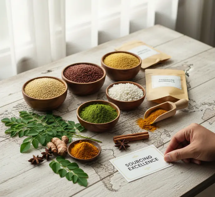 A decorative bowl of assorted whole Indian spices including star anise, cinnamon, and cloves.